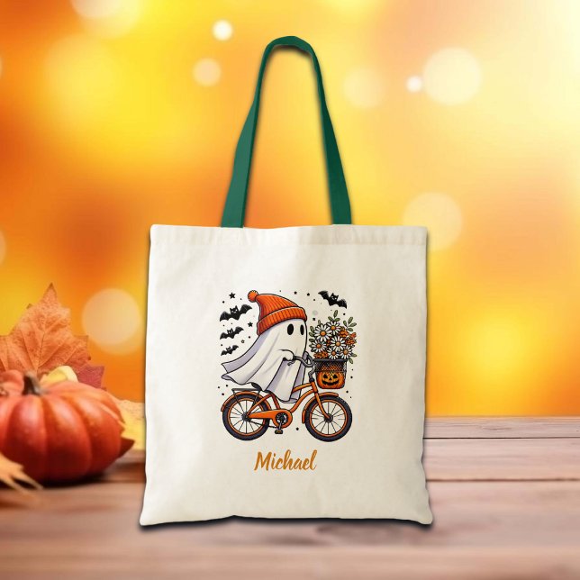 Retro Ghost on Bicycle Halloween Tote Bag (Creator Uploaded)