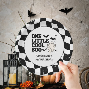 Retro Ghost One Halloween Boy 1st Birthday Paper Plate