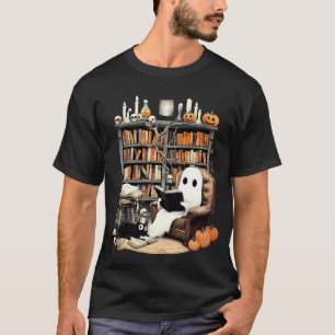 Retro Ghost Reading Books Halloween T-Shirt