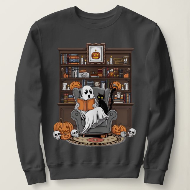 Retro Ghost Reading Books ibrarian Ghost Halloween Sweatshirt (Design Front)