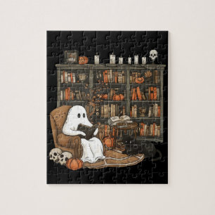 Retro Ghost Reading Books, Librarian Ghost Jigsaw Puzzle