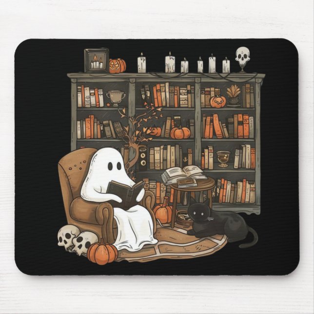 Retro Ghost Reading Books, Librarian Ghost  Mouse Mat (Front)