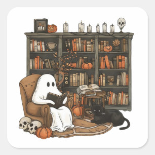 Retro Ghost Reading Books, Librarian Ghost Square Sticker