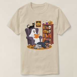 Retro Ghost Reading Books with Black Cat Racoon  T-Shirt