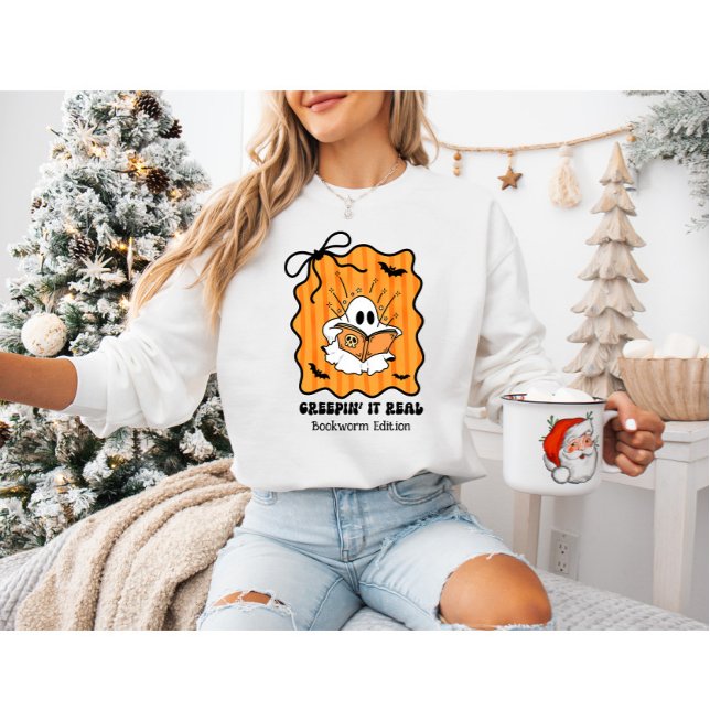 Retro Ghost Reading with Bow “Creepin’ It Real" Sweatshirt (Creator Uploaded)