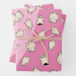 Retro Ghosts Pink Halloween Wrapping Paper Sheet