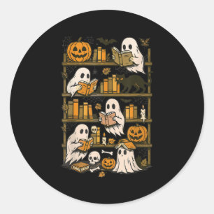 Retro Ghosts Reading Book Halloween Bookshelf Spoo Classic Round Sticker
