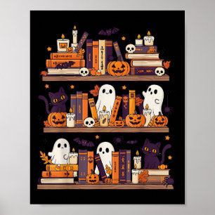 Retro Ghosts Reading Book Halloween Bookshelf Spoo Poster