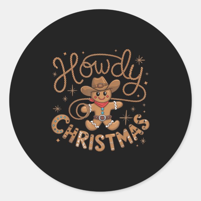 Retro Gingerbread Cowboy Western Howdy Christmas U Classic Round Sticker (Front)