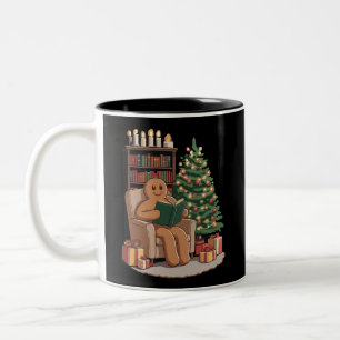 Retro Gingerbread Reading Books Christmas Teacher  Two-Tone Coffee Mug