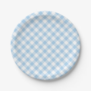 Retro Gingham Baby Blue Paper Plate