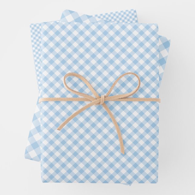Retro Gingham Baby Blue Wrapping Paper Sheet (In situ)