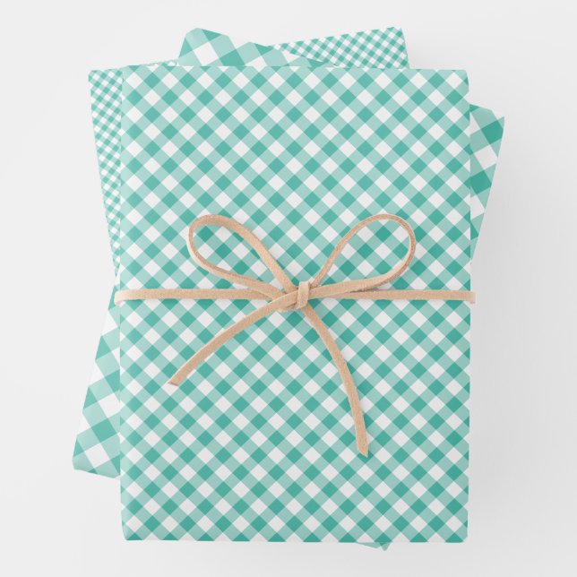 Retro Gingham Bluegrass Green Wrapping Paper Sheet (In situ)