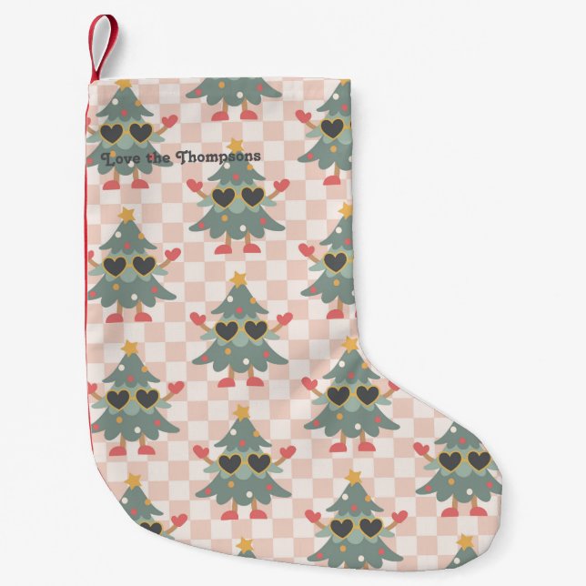 Retro Gingham Christmas Tree Personalised Small Christmas Stocking (Front)