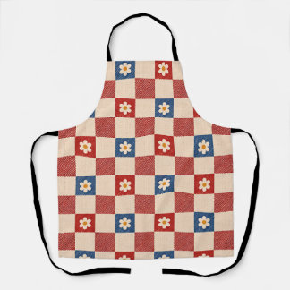 Retro Gingham Daisy Apron Red Blue Cream Vintage F