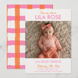 Retro Gingham Photo Birth Announcement Card