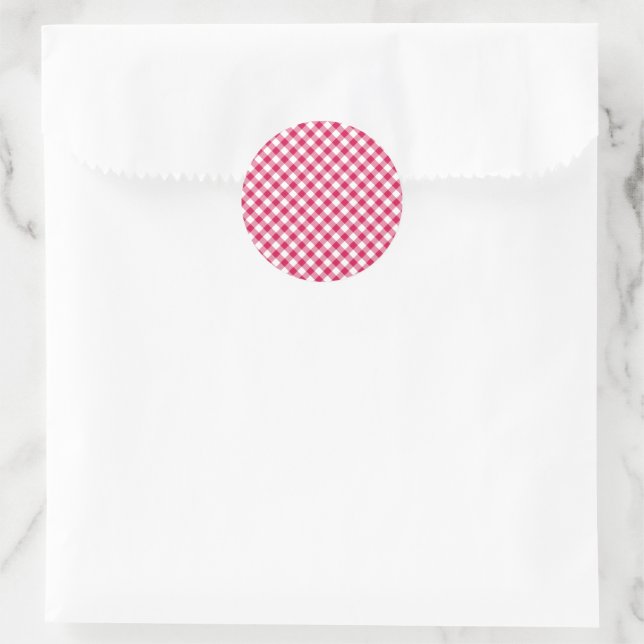 Retro Gingham Raspberry Classic Round Sticker (Bag)