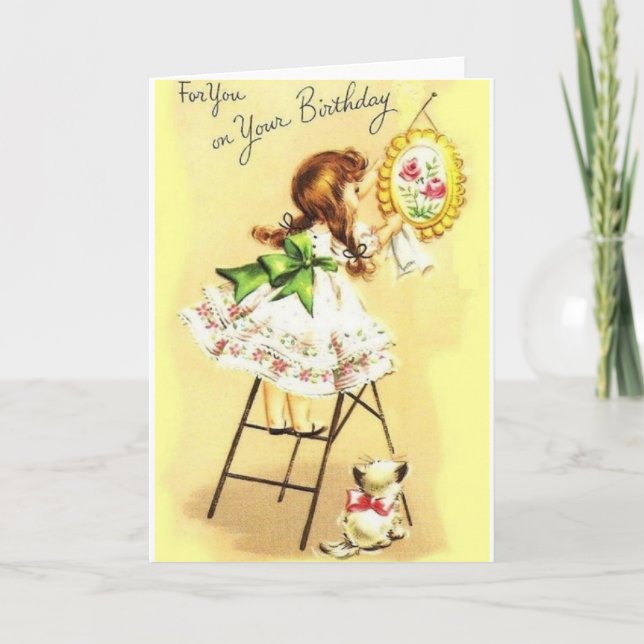 Retro Girl And Kitten Birthday Greeting Card (Front)