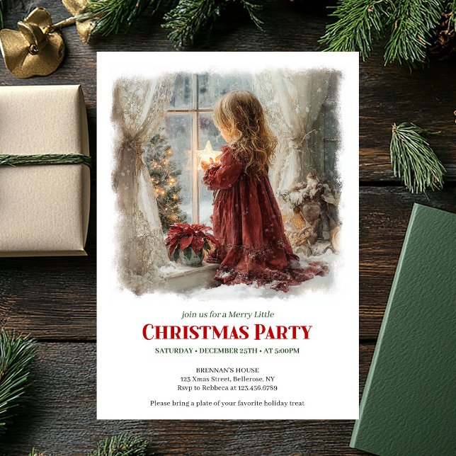 Retro girl awaits Santa digital Christmas invites (Retro girl awaits Santa digital Christmas invitation)