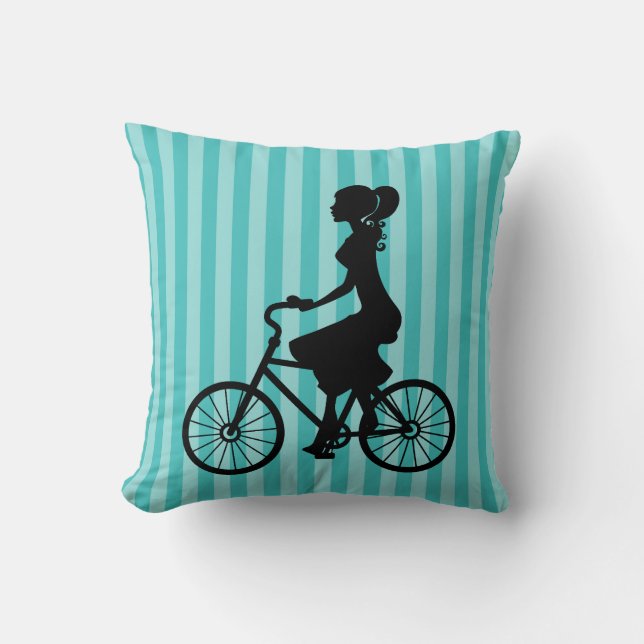 Retro Girl Cyclist Silhouette Cushion (Front)