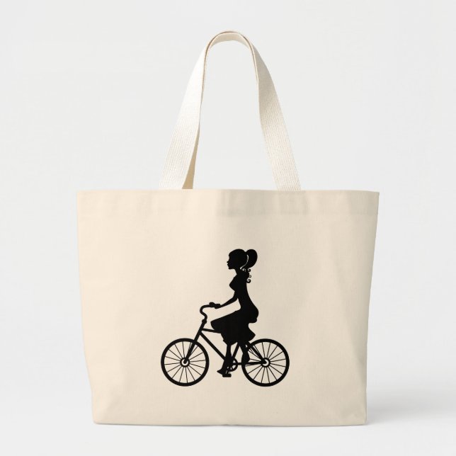 Retro Girl Cyclist Silhouette Large Tote Bag (Front)