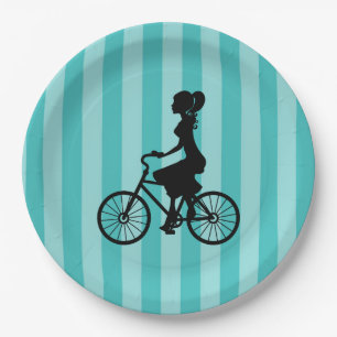 Retro Girl Cyclist Silhouette Paper Plate
