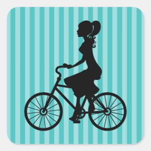 Retro Girl Cyclist Silhouette Square Sticker