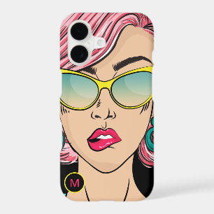 Retro Girl Funny Face Monogram Initial Black