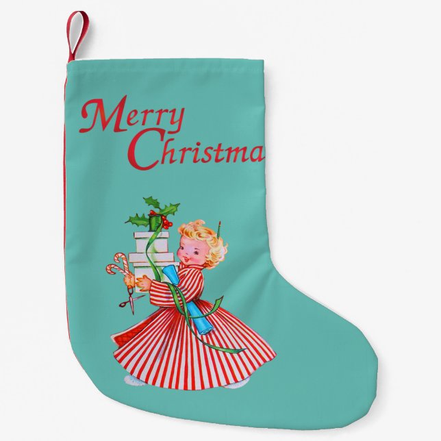 Retro Girl & Presents Merry Christmas  Small Christmas Stocking (Front)