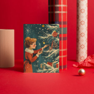 Retro Girl Red Dress Decorating Christmas Tree Holiday Card