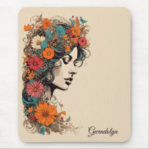 Retro Girl with Flowers in her Hair Mousepad