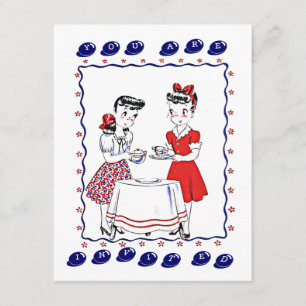 Retro Girls Hosting A Tea Party Social Invitation