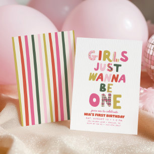 Retro Girls Just Wanna Be One Preppy 1st Birthday Invitation