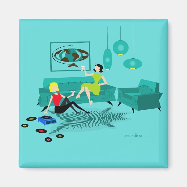 Retro Girl's Night In Square Magnet (Front)