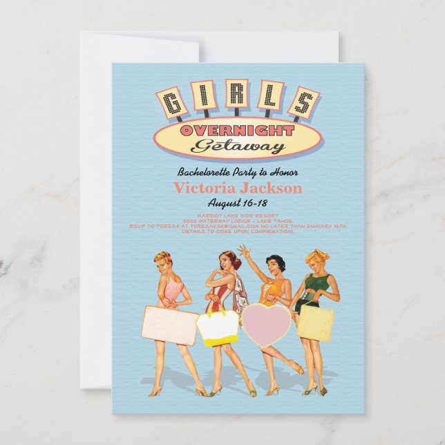 Retro Girls Overnight Luggage getaway Invitations (Front)