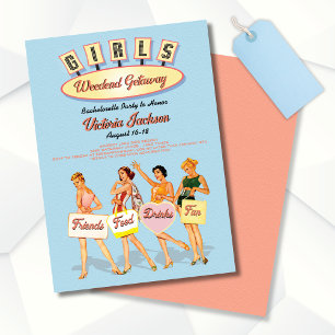 Retro Girls Overnight Luggage getaway Invitations