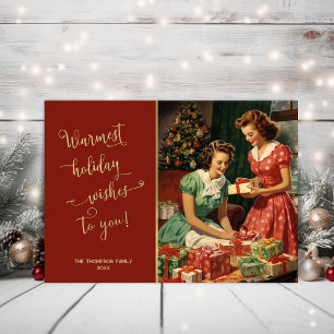 Retro girls preparing presents by a Christmas tree Holiday Card