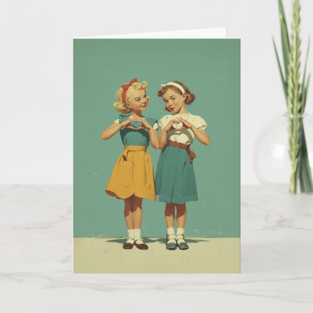 Retro Girls Sharing Heartfelt Joy Card (Front)
