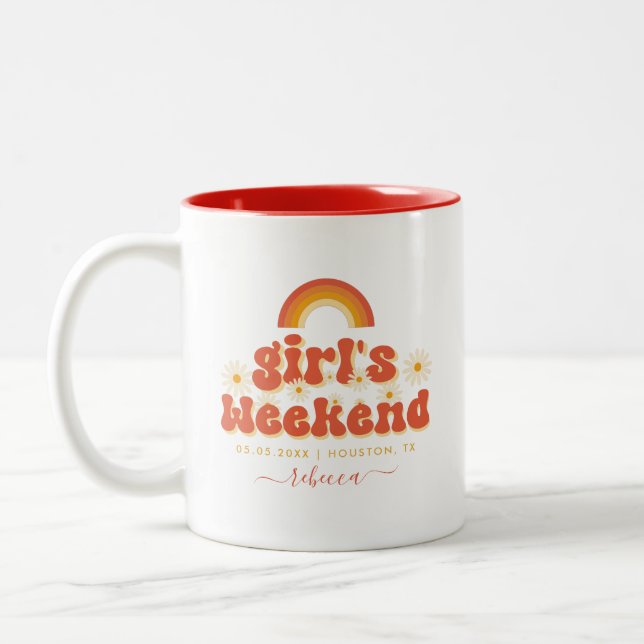 Retro Girls Weekend Custom Name Bachelorette Party Two-Tone Coffee Mug (Left)