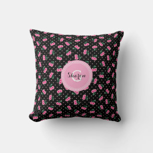 Retro girly black pink cherry patterns monogram cushion