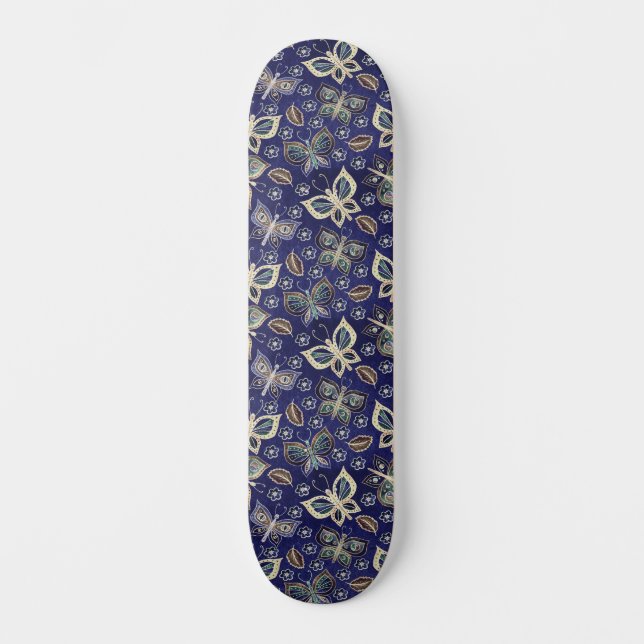 Retro Girly Blue Butterfly Pattern Wide Skateboard (Front)