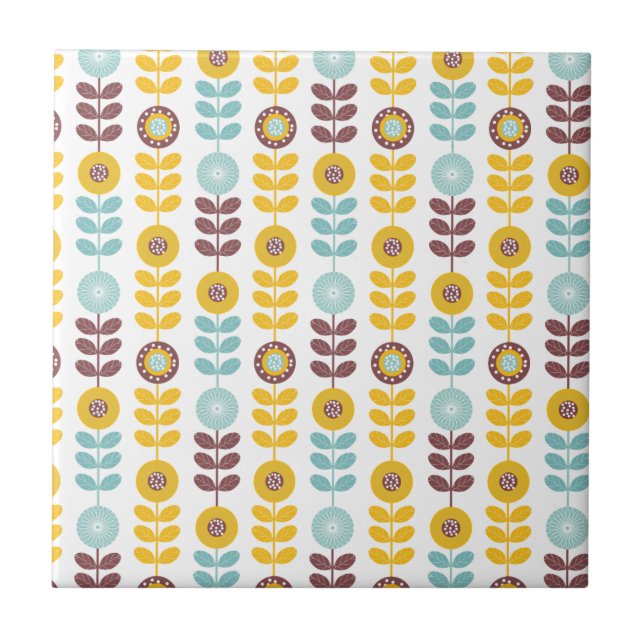 Retro girly orange teal abstrct floral pattern tile (Front)