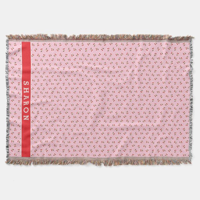 Retro girly pink cherry patterns monogram throw blanket (Front)
