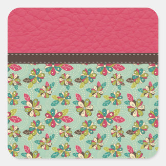 Retro Girly Pink Pattern with Leather Square Sticker