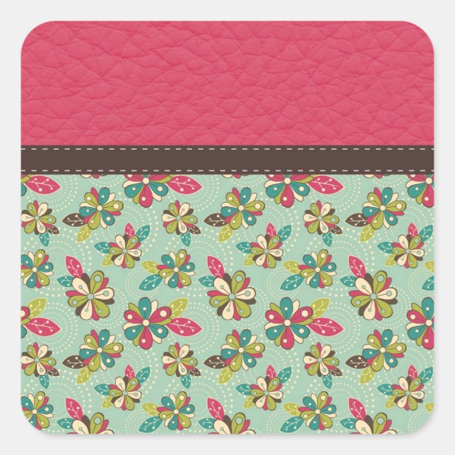 Retro Girly Pink Pattern with Leather Square Sticker (Front)