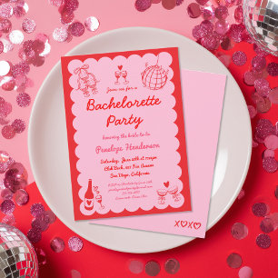 Retro Girly Pink Red Hand Drawn Bachelorette Party Invitation
