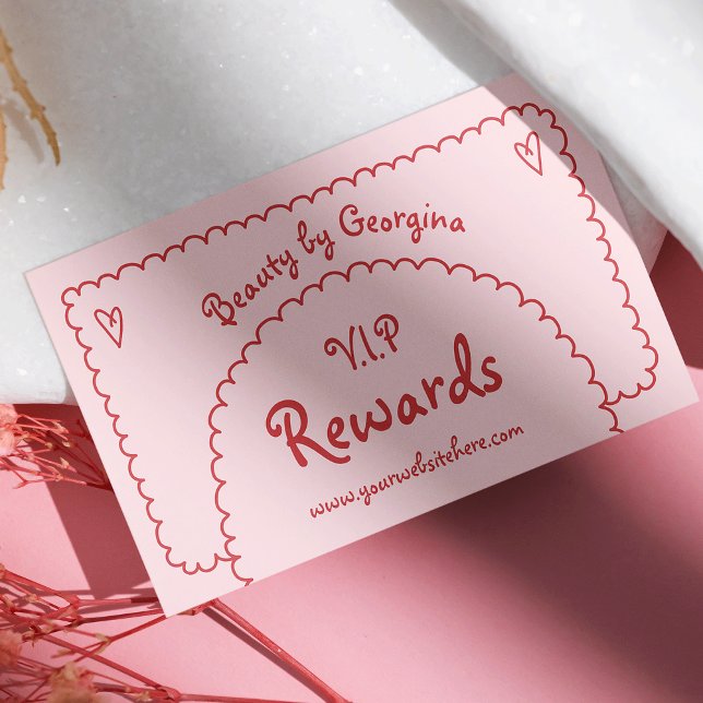 Retro Girly Red Pink Hand Drawn Whimsical Boho Loyalty Card (girly pink and red whimsical style business loyalty cards)