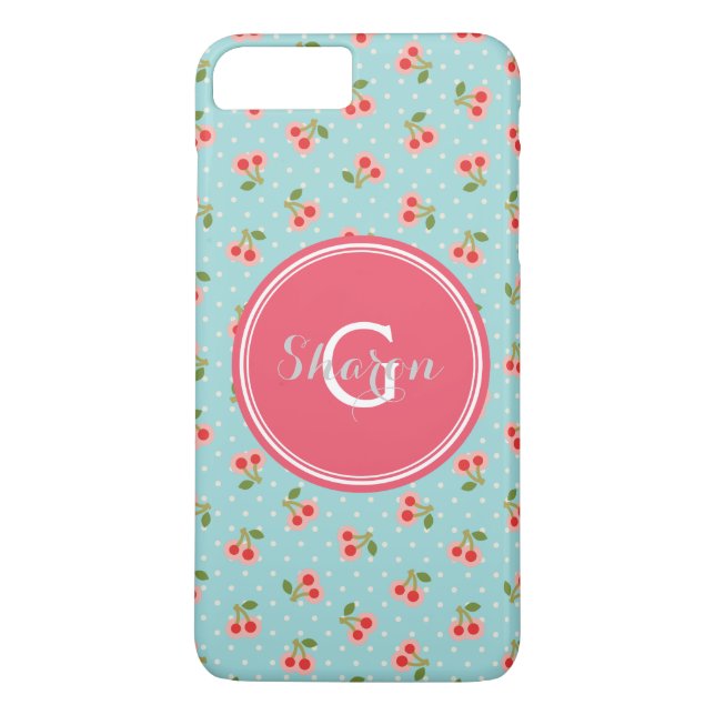 Retro girly turquoise cherry patterns monogram Case-Mate iPhone case (Back)