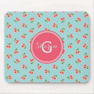 Retro girly turquoise cherry patterns monogram mouse mat