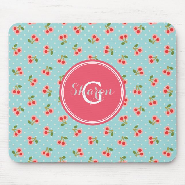 Retro girly turquoise cherry patterns monogram mouse mat (Front)